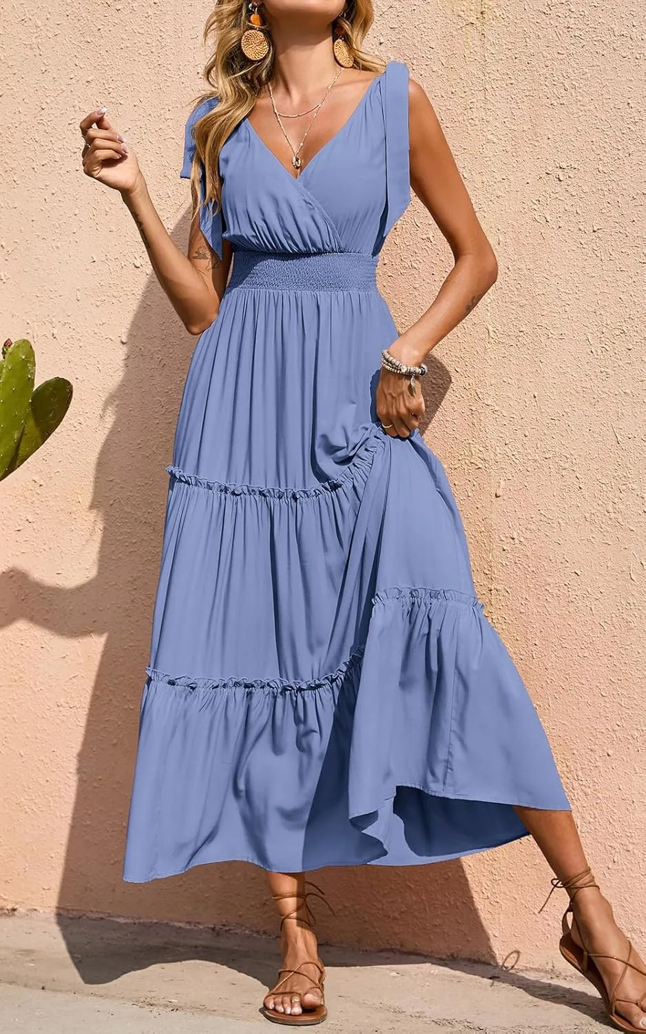 PRETTYGARDEN Women's Cross Neck Summer Sleeveless Tiered Maxi Dress Beach Tie Strap Smocked Long Dresses Pleated Sundress