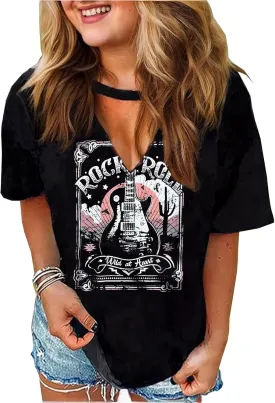 Rock Roll Criss-Cross Hollow Out T-Shirt Women Vintage Concert Rock Band Shirt Retro Country Music Short Sleeve Tops