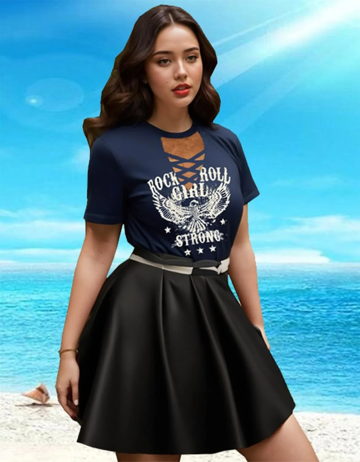 Rock Roll Criss-Cross Hollow Out T-Shirt Women Vintage Concert Rock Band Shirt Retro Country Music Short Sleeve Tops