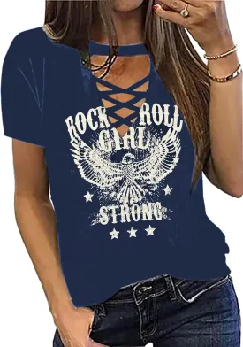 Rock Roll Criss-Cross Hollow Out T-Shirt Women Vintage Concert Rock Band Shirt Retro Country Music Short Sleeve Tops
