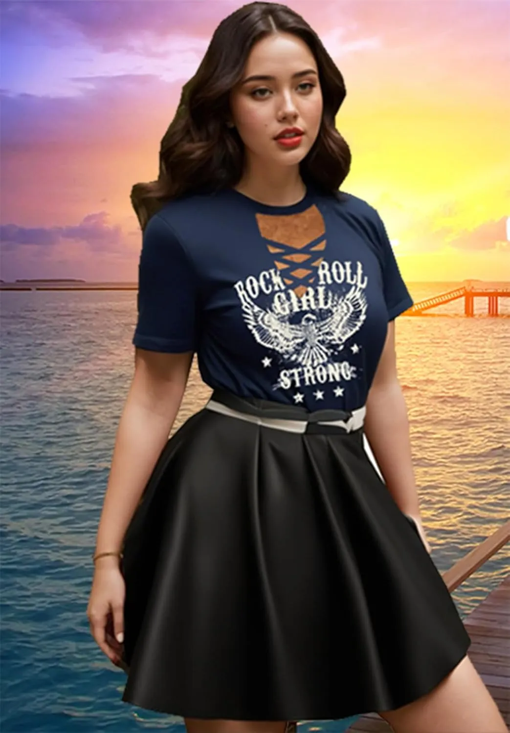 Rock Roll Criss-Cross Hollow Out T-Shirt Women Vintage Concert Rock Band Shirt Retro Country Music Short Sleeve Tops