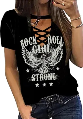 Rock Roll Criss-Cross Hollow Out T-Shirt Women Vintage Concert Rock Band Shirt Retro Country Music Short Sleeve Tops