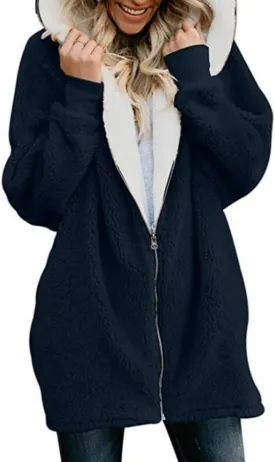 RONGTAI Women's Oversized Fleece Zip Hoodie with Pockets Cozy Sherpa Jacket for Winter, Soft Teddy Coat for Ladies