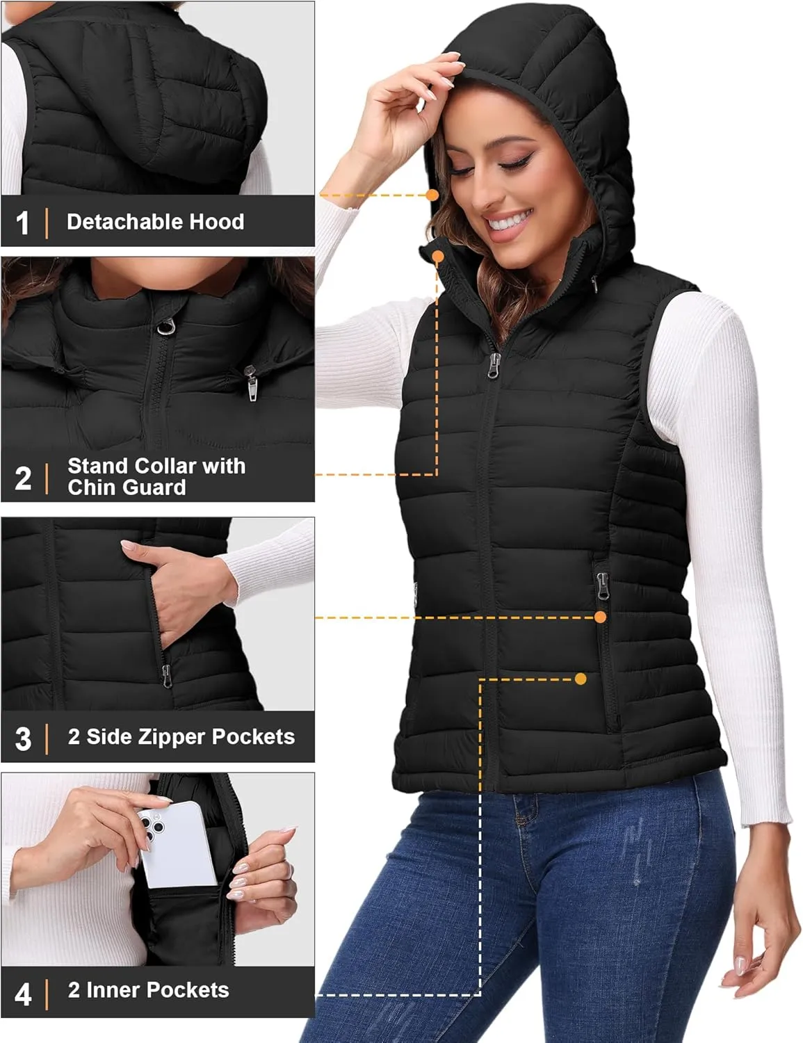 ROYAL MATRIX Packable Puffer Vest for Women Lightweight Winter Warm Puffy Vest with Detachable Hood