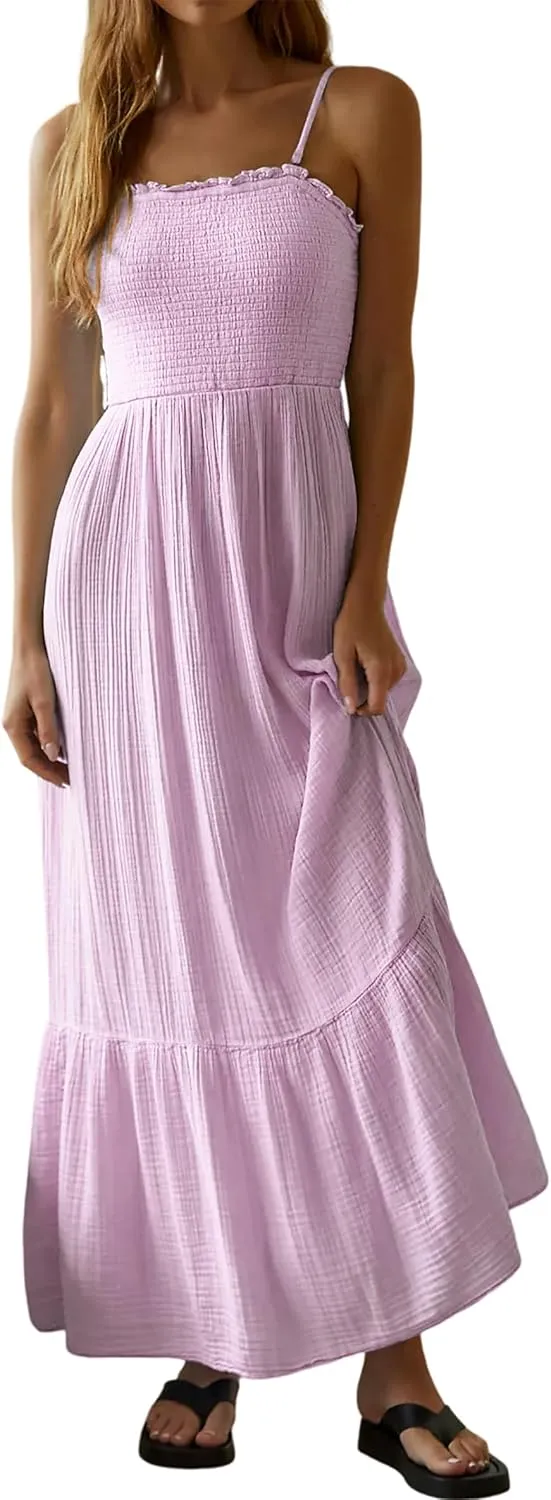 R.Vivimos Womens Summer Boho Cotton Maxi Dress Adjustable Spaghetti Strap Elastic Smocked Casual Ruffle Hem Flowy Beach Dress
