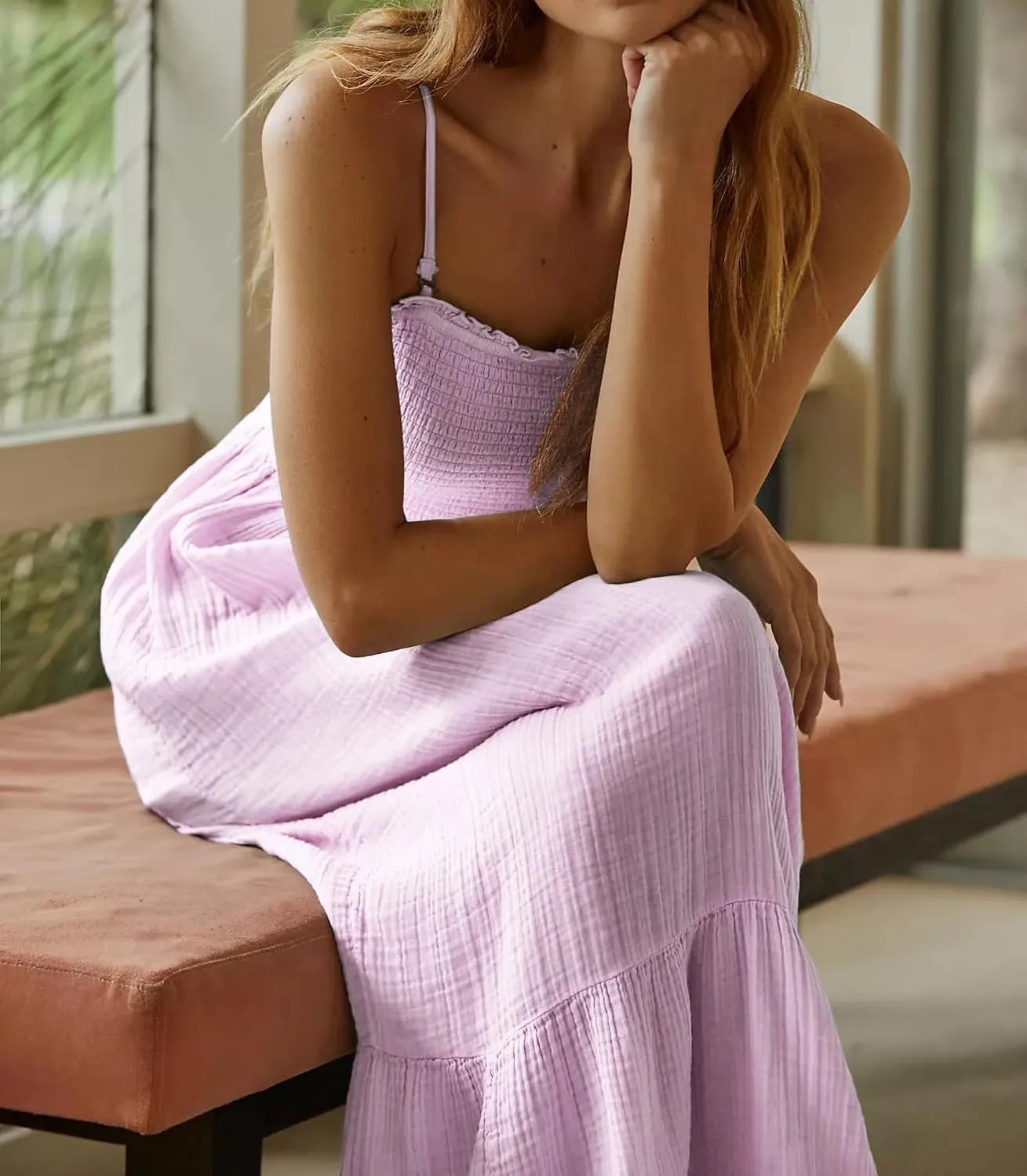 R.Vivimos Womens Summer Boho Cotton Maxi Dress Adjustable Spaghetti Strap Elastic Smocked Casual Ruffle Hem Flowy Beach Dress