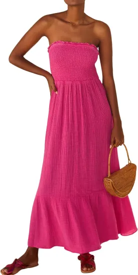 R.Vivimos Womens Summer Boho Cotton Maxi Dress Adjustable Spaghetti Strap Elastic Smocked Casual Ruffle Hem Flowy Beach Dress