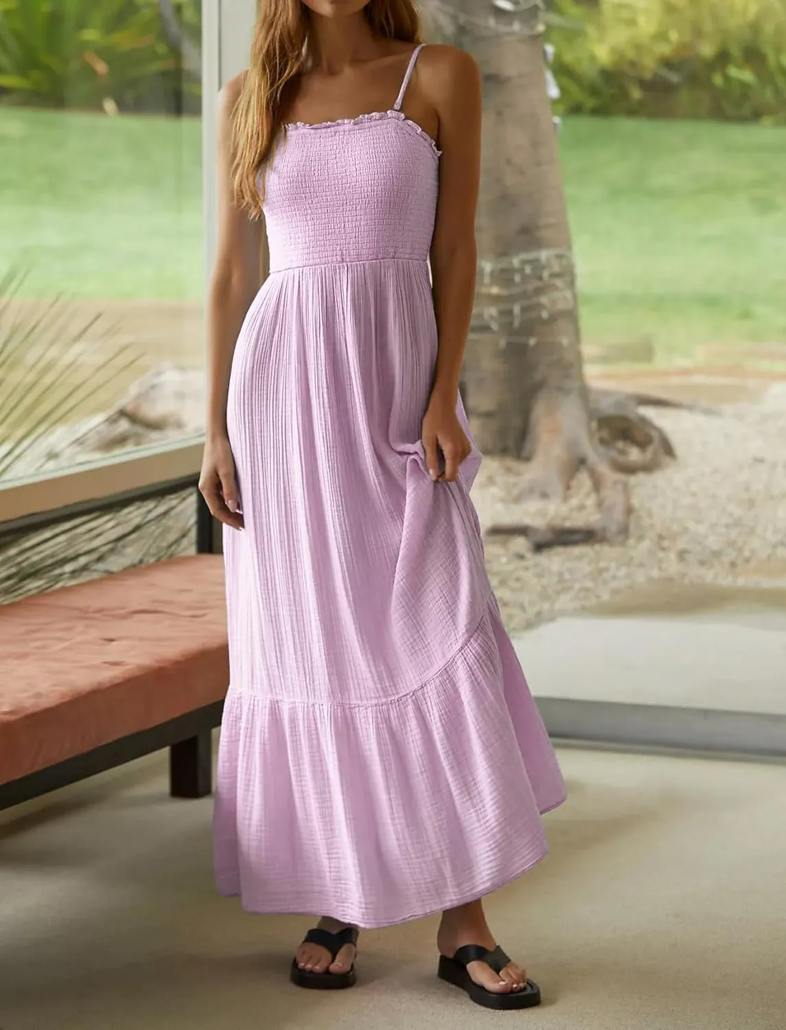 R.Vivimos Womens Summer Boho Cotton Maxi Dress Adjustable Spaghetti Strap Elastic Smocked Casual Ruffle Hem Flowy Beach Dress