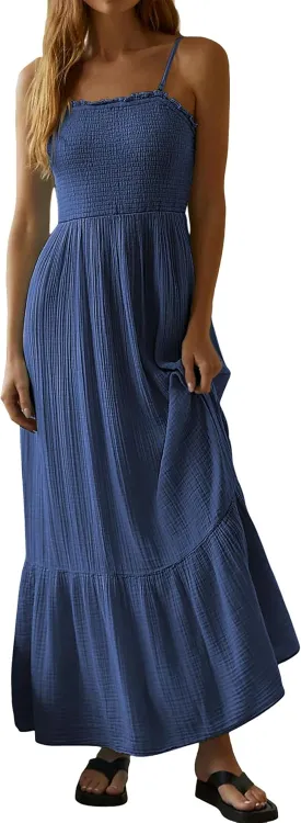 R.Vivimos Womens Summer Boho Cotton Maxi Dress Adjustable Spaghetti Strap Elastic Smocked Casual Ruffle Hem Flowy Beach Dress