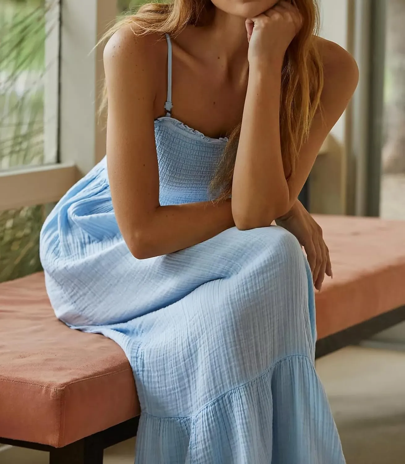 R.Vivimos Womens Summer Boho Cotton Maxi Dress Adjustable Spaghetti Strap Elastic Smocked Casual Ruffle Hem Flowy Beach Dress