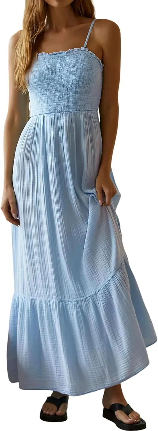 R.Vivimos Womens Summer Boho Cotton Maxi Dress Adjustable Spaghetti Strap Elastic Smocked Casual Ruffle Hem Flowy Beach Dress