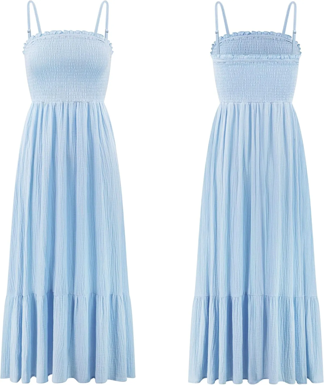 R.Vivimos Womens Summer Boho Cotton Maxi Dress Adjustable Spaghetti Strap Elastic Smocked Casual Ruffle Hem Flowy Beach Dress
