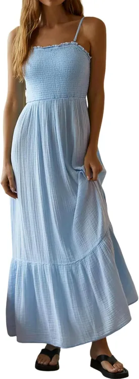 R.Vivimos Womens Summer Boho Cotton Maxi Dress Adjustable Spaghetti Strap Elastic Smocked Casual Ruffle Hem Flowy Beach Dress