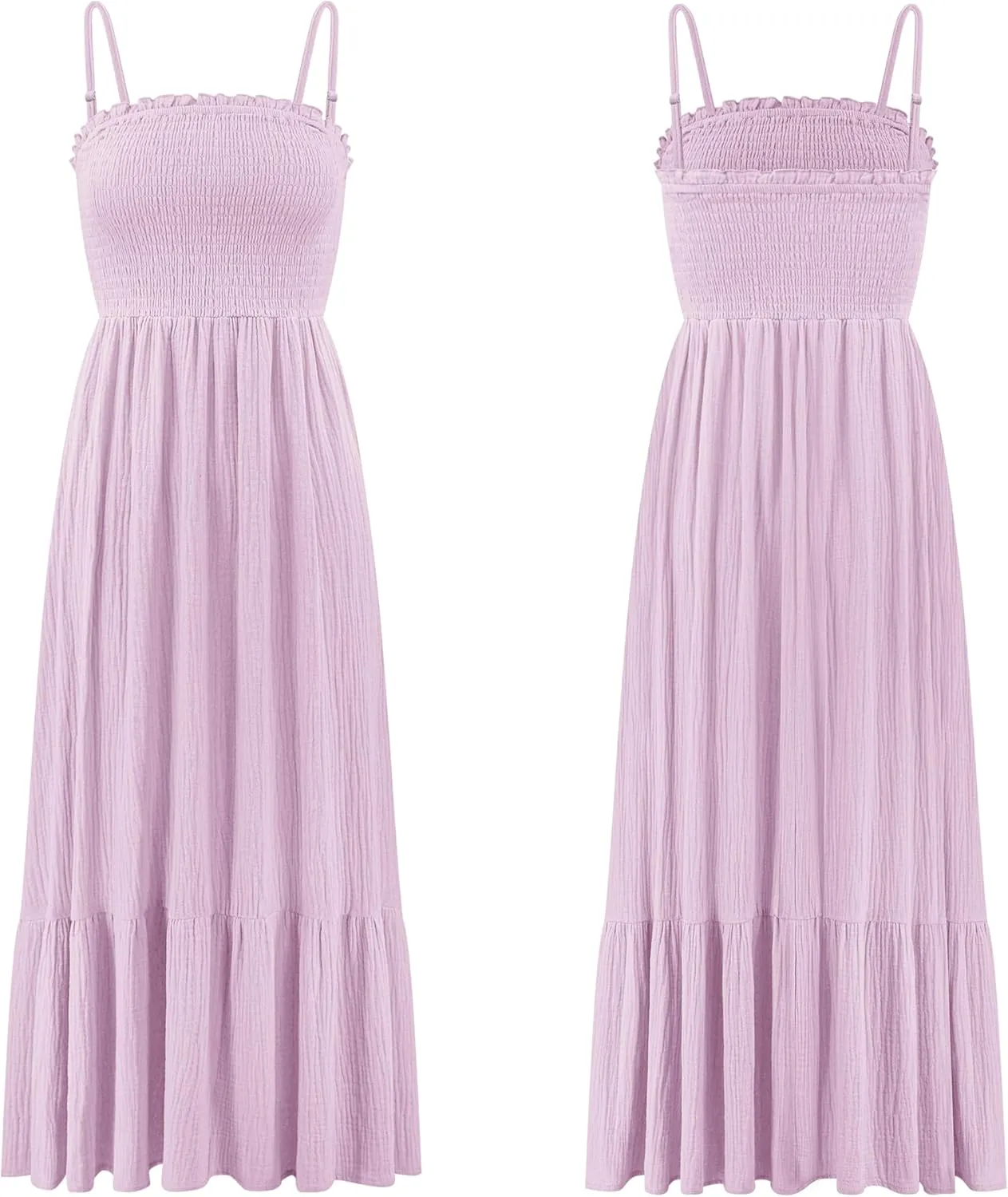 R.Vivimos Womens Summer Boho Cotton Maxi Dress Adjustable Spaghetti Strap Elastic Smocked Casual Ruffle Hem Flowy Beach Dress