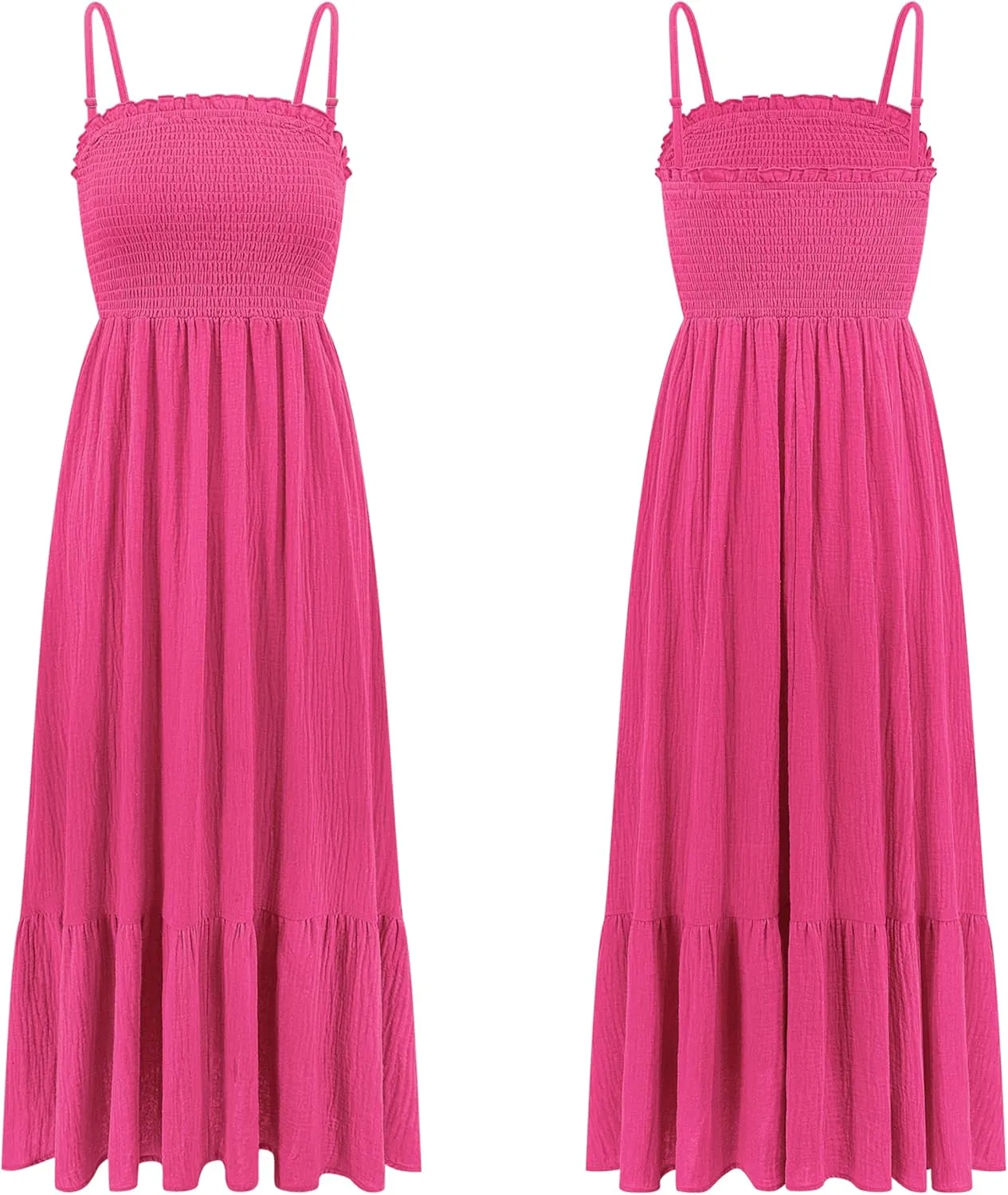 R.Vivimos Womens Summer Boho Cotton Maxi Dress Adjustable Spaghetti Strap Elastic Smocked Casual Ruffle Hem Flowy Beach Dress