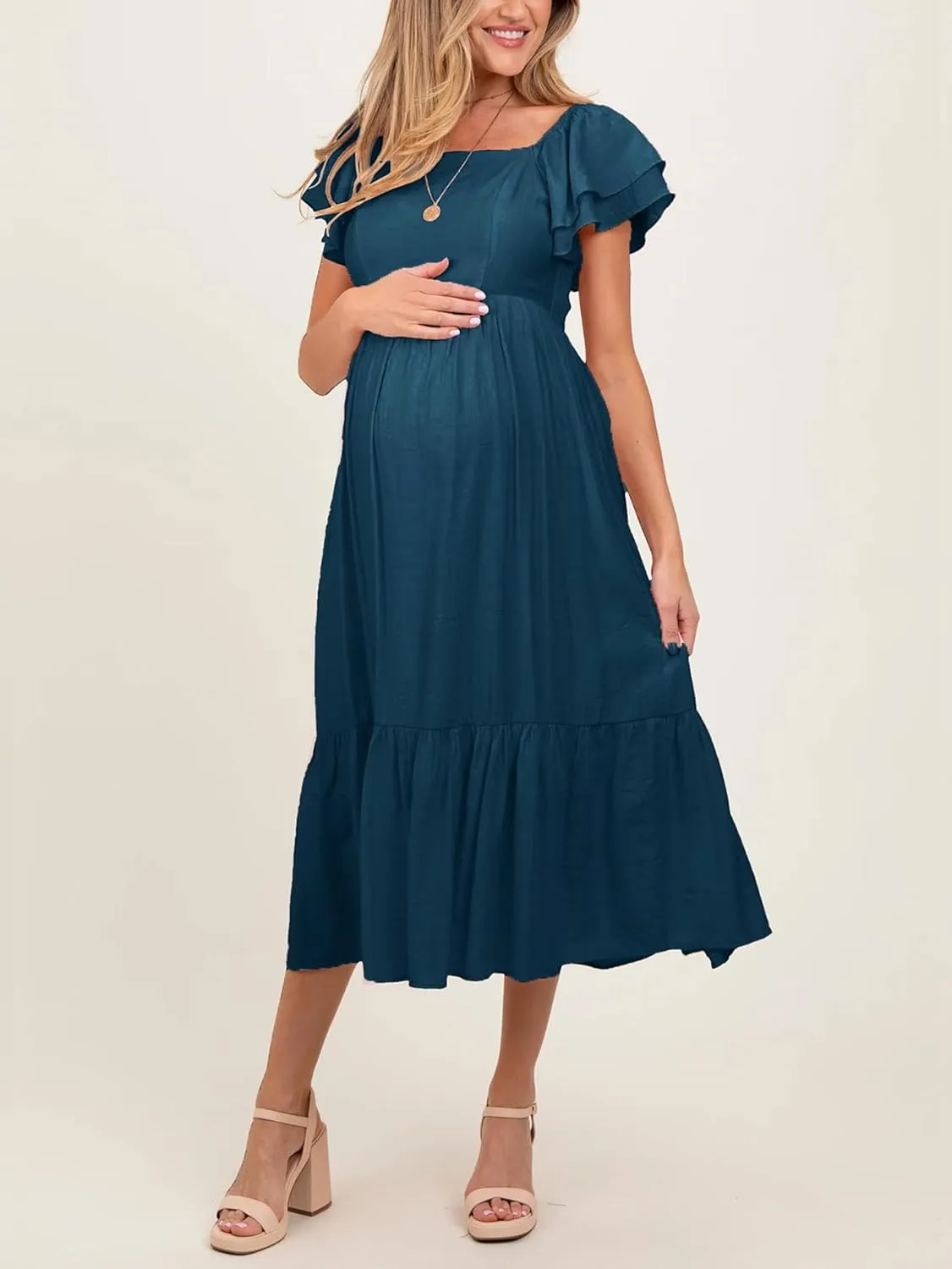 SCOMCHIC Women's Plus Size Maxi Dress Ruffle Sleeve Square Neck Smocked Flowy A-Line Wedding Guest Party Long Dresses