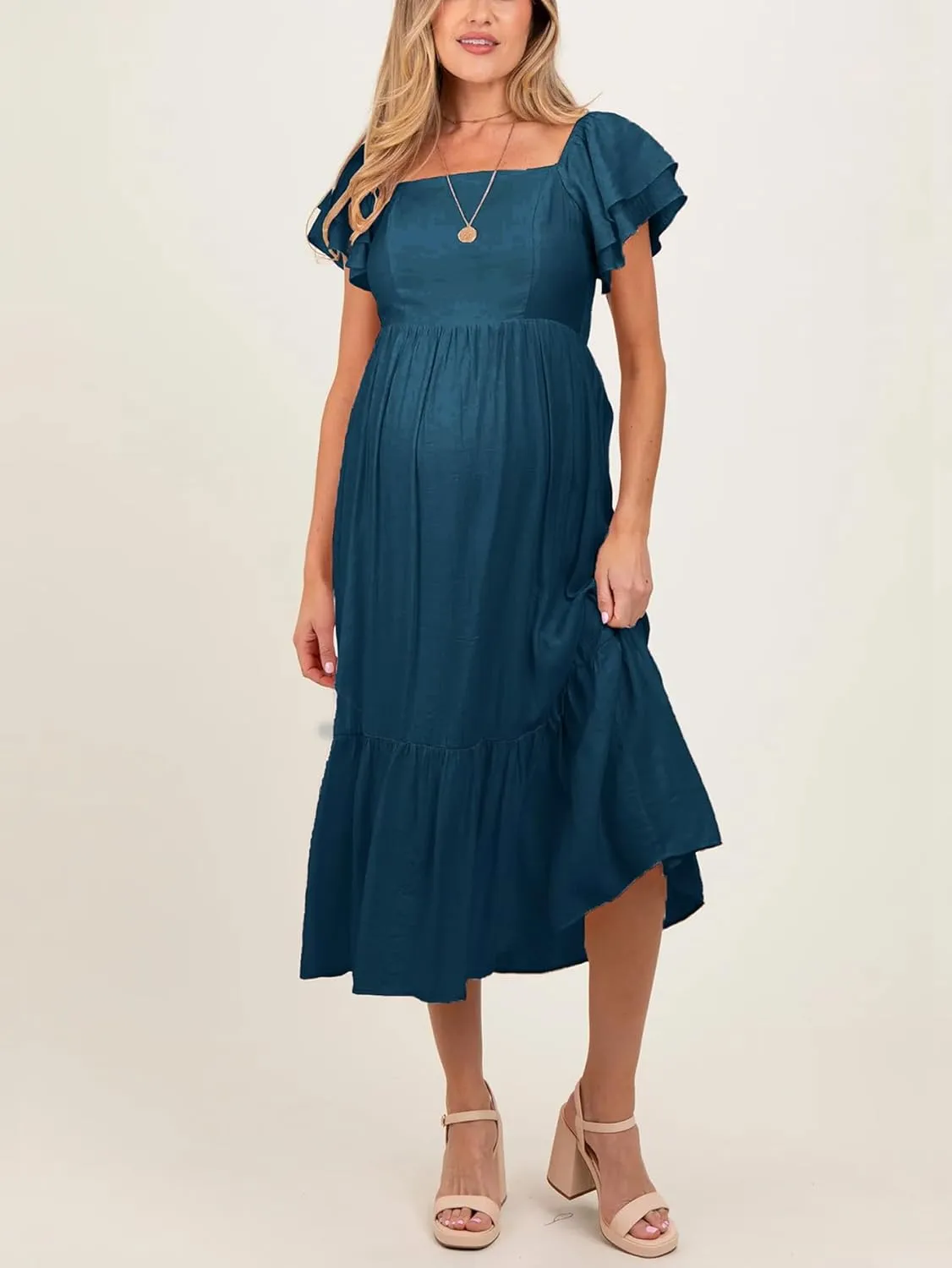 SCOMCHIC Women's Plus Size Maxi Dress Ruffle Sleeve Square Neck Smocked Flowy A-Line Wedding Guest Party Long Dresses