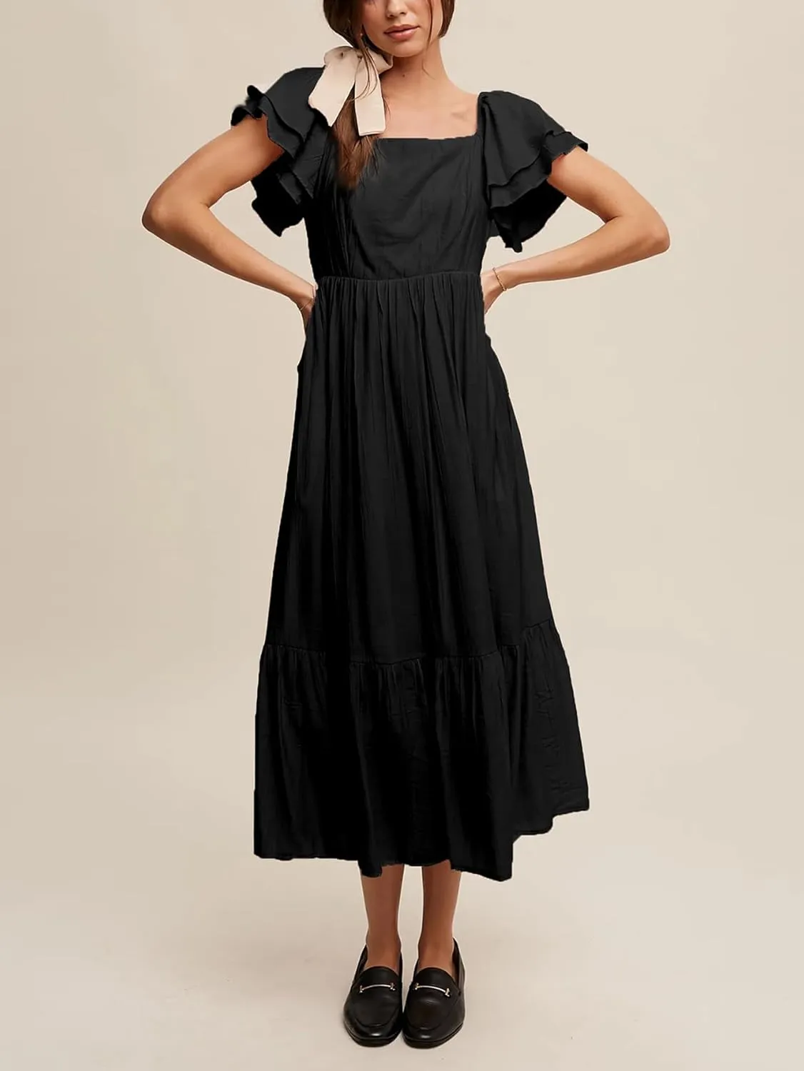 SCOMCHIC Women's Plus Size Maxi Dress Ruffle Sleeve Square Neck Smocked Flowy A-Line Wedding Guest Party Long Dresses