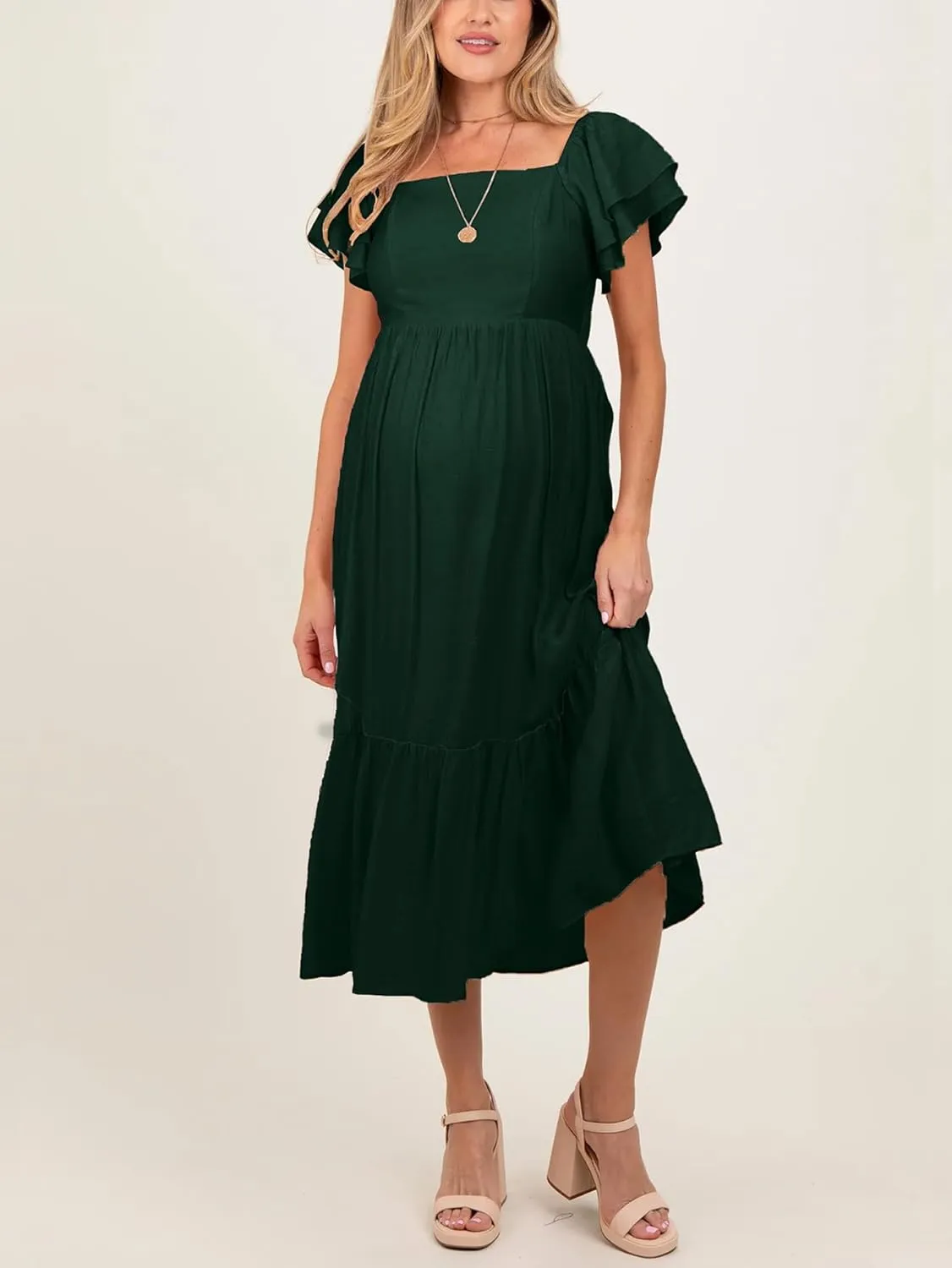 SCOMCHIC Women's Plus Size Maxi Dress Ruffle Sleeve Square Neck Smocked Flowy A-Line Wedding Guest Party Long Dresses