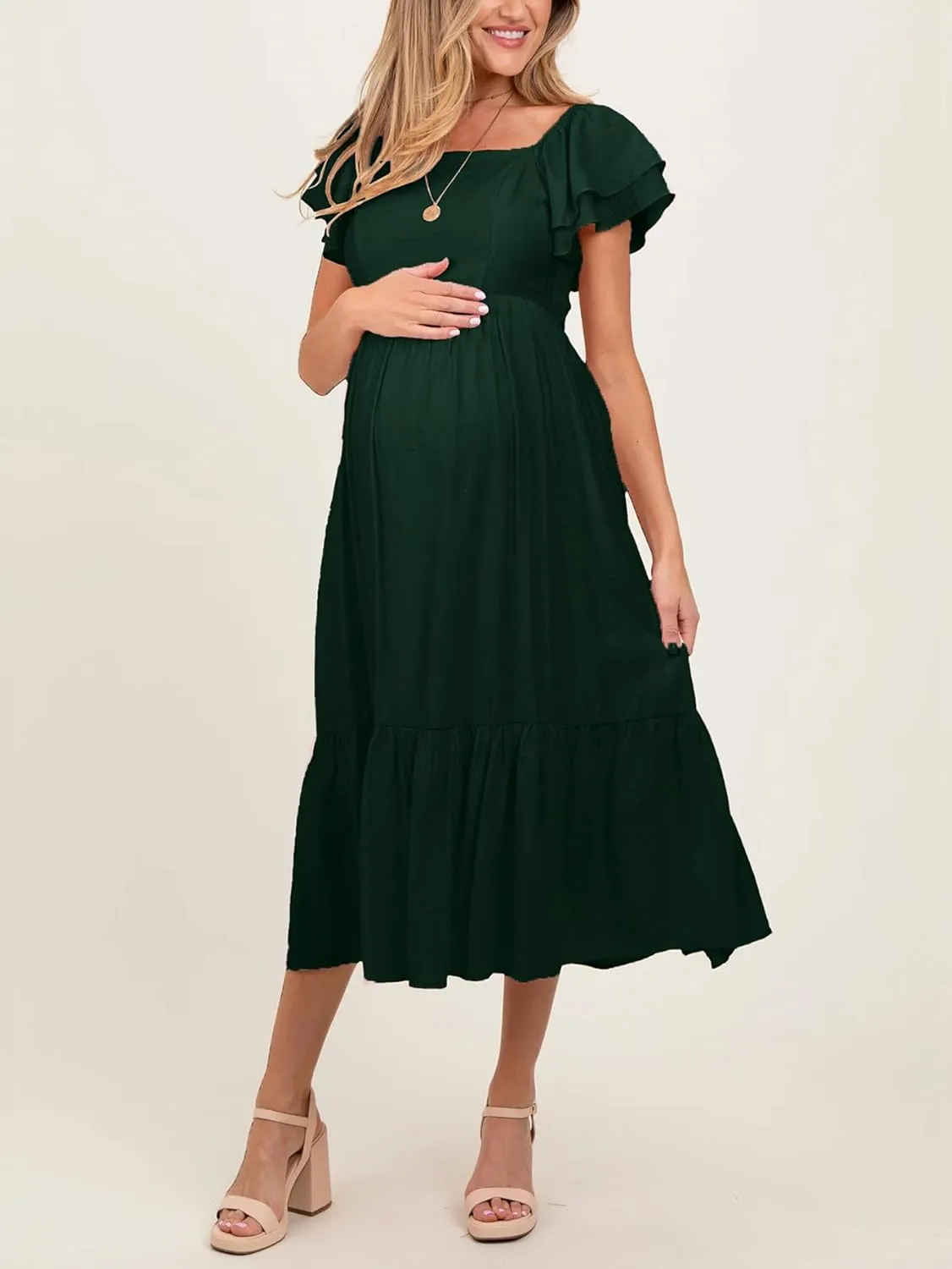 SCOMCHIC Women's Plus Size Maxi Dress Ruffle Sleeve Square Neck Smocked Flowy A-Line Wedding Guest Party Long Dresses