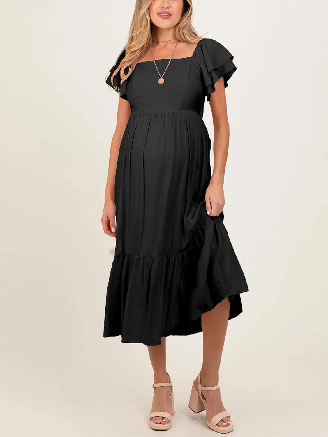 SCOMCHIC Women's Plus Size Maxi Dress Ruffle Sleeve Square Neck Smocked Flowy A-Line Wedding Guest Party Long Dresses