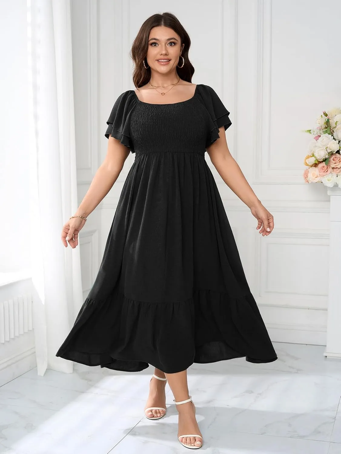 SCOMCHIC Women's Plus Size Maxi Dress Ruffle Sleeve Square Neck Smocked Flowy A-Line Wedding Guest Party Long Dresses