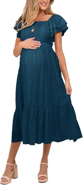 SCOMCHIC Women's Plus Size Maxi Dress Ruffle Sleeve Square Neck Smocked Flowy A-Line Wedding Guest Party Long Dresses
