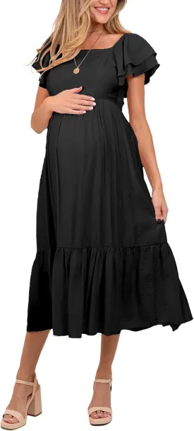 SCOMCHIC Women's Plus Size Maxi Dress Ruffle Sleeve Square Neck Smocked Flowy A-Line Wedding Guest Party Long Dresses