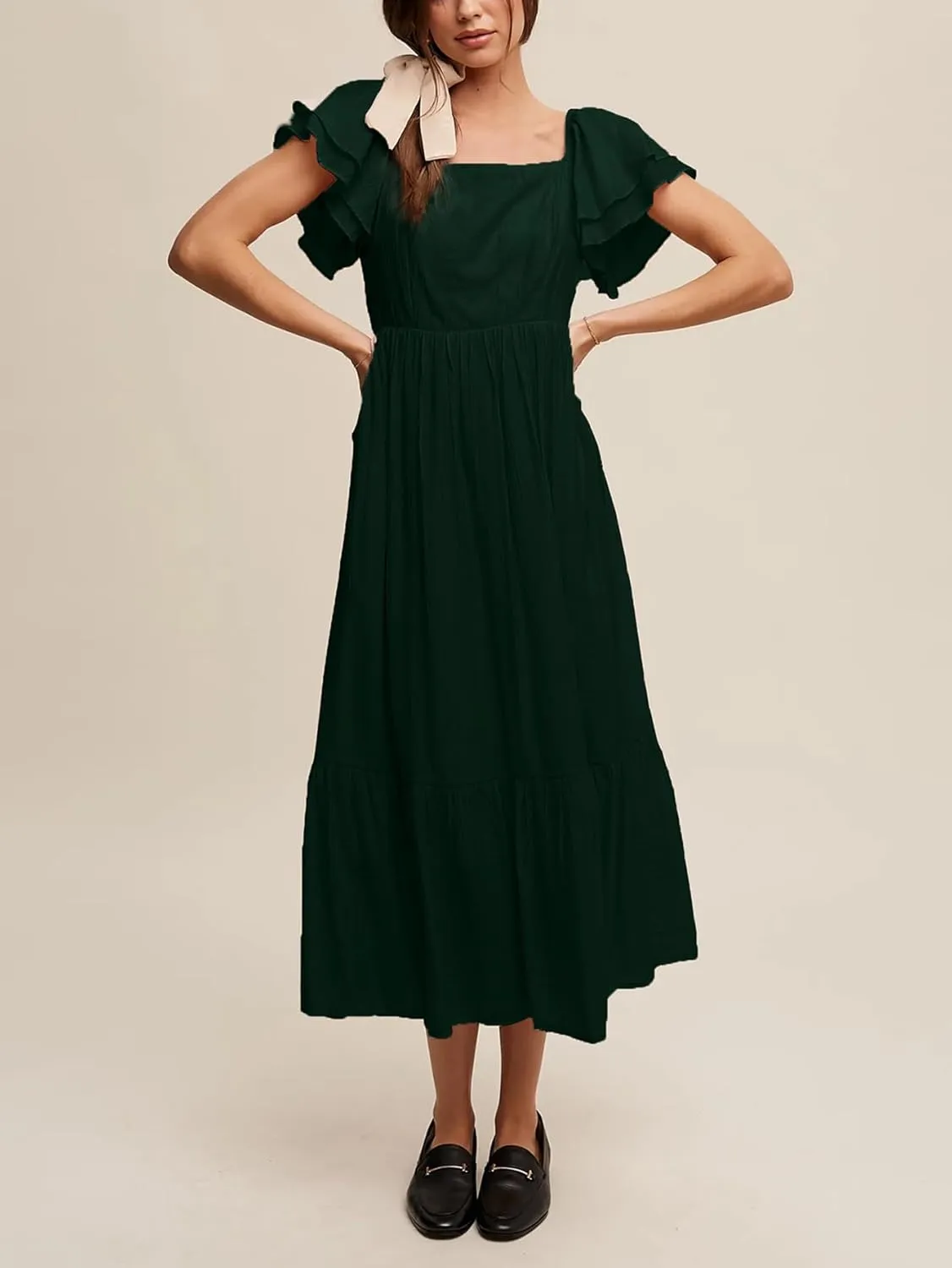 SCOMCHIC Women's Plus Size Maxi Dress Ruffle Sleeve Square Neck Smocked Flowy A-Line Wedding Guest Party Long Dresses