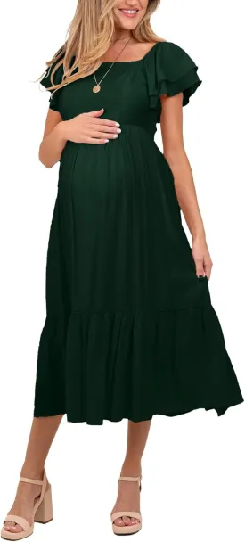 SCOMCHIC Women's Plus Size Maxi Dress Ruffle Sleeve Square Neck Smocked Flowy A-Line Wedding Guest Party Long Dresses
