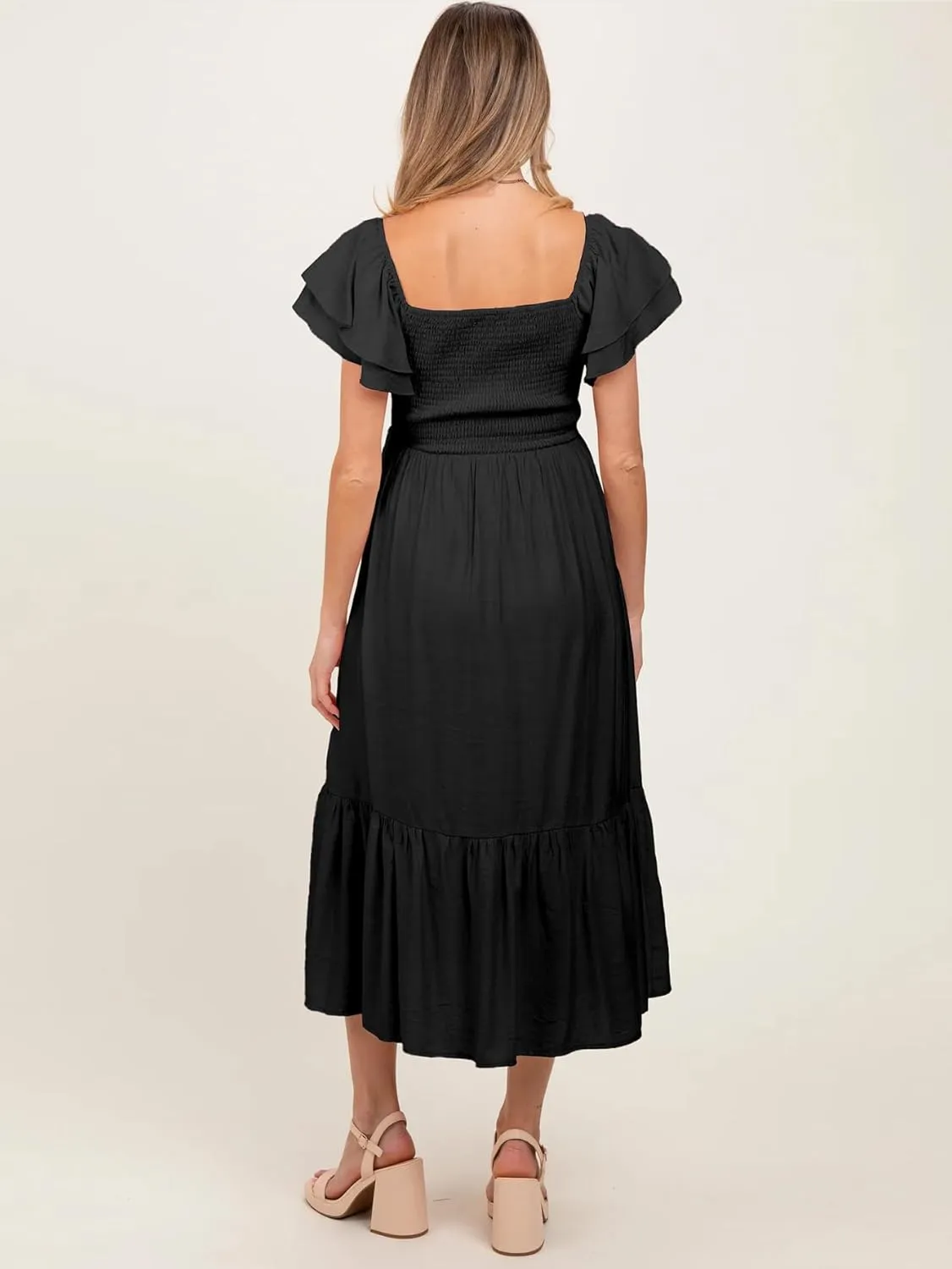 SCOMCHIC Women's Plus Size Maxi Dress Ruffle Sleeve Square Neck Smocked Flowy A-Line Wedding Guest Party Long Dresses