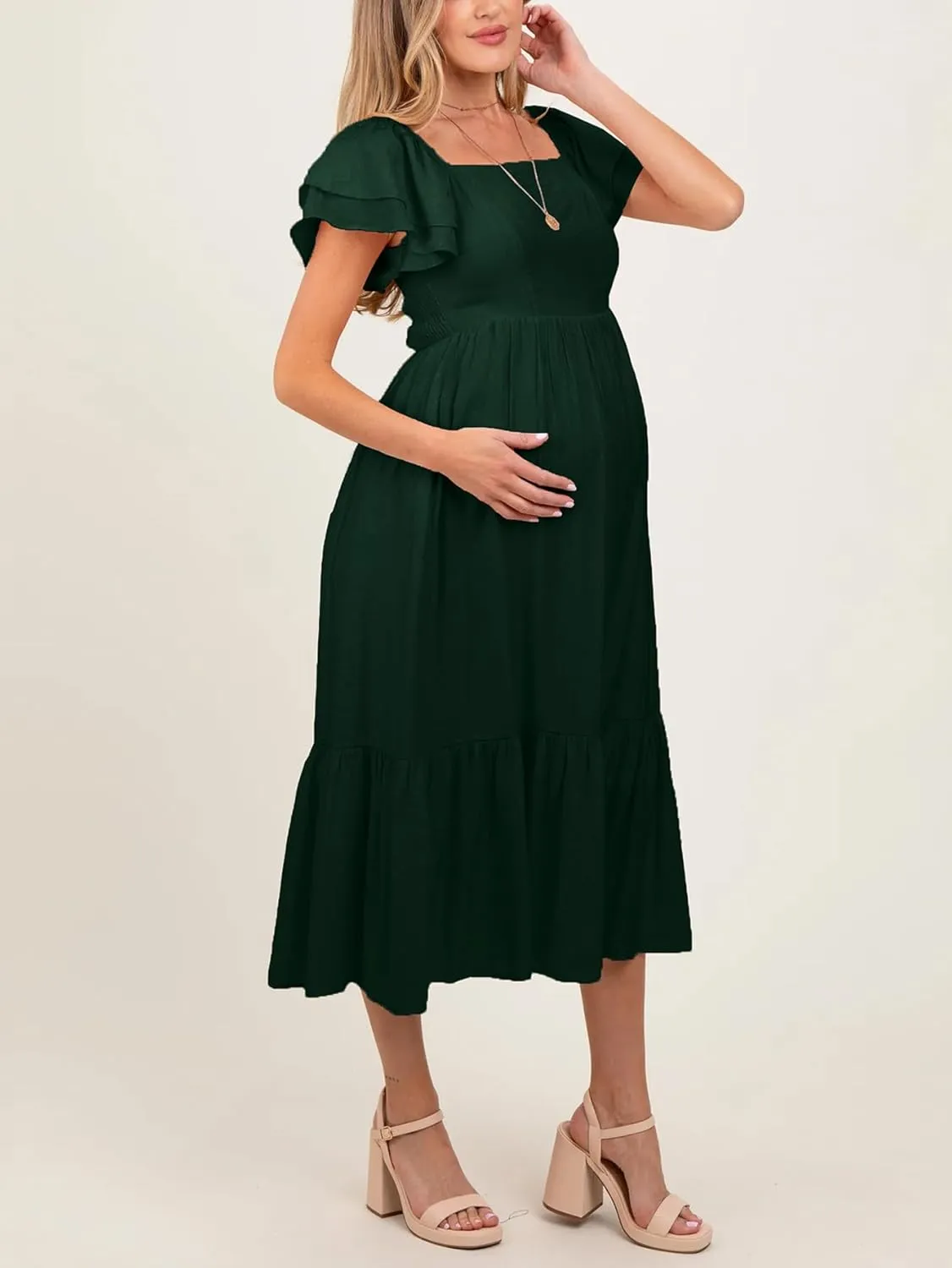 SCOMCHIC Women's Plus Size Maxi Dress Ruffle Sleeve Square Neck Smocked Flowy A-Line Wedding Guest Party Long Dresses