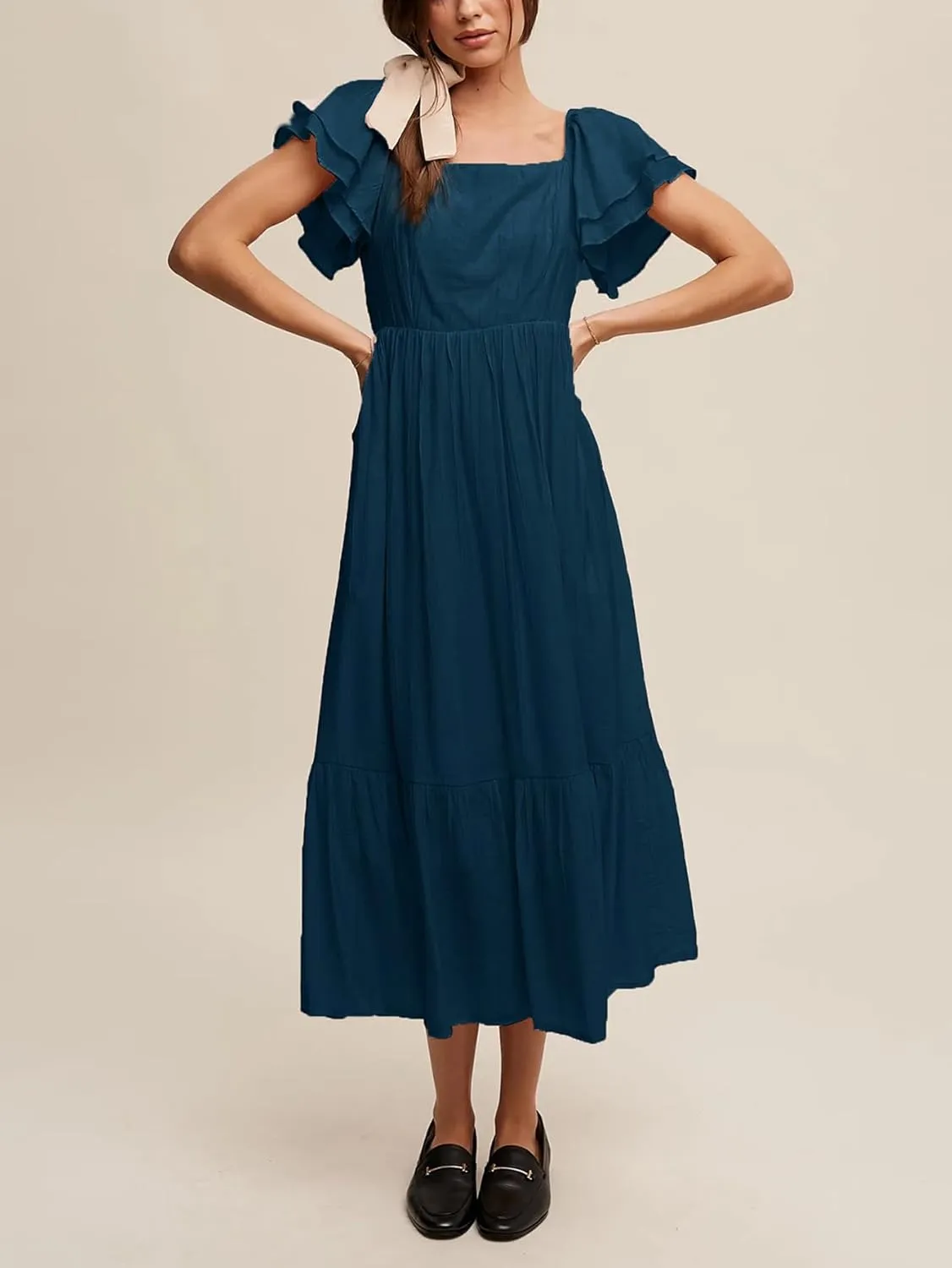 SCOMCHIC Women's Plus Size Maxi Dress Ruffle Sleeve Square Neck Smocked Flowy A-Line Wedding Guest Party Long Dresses