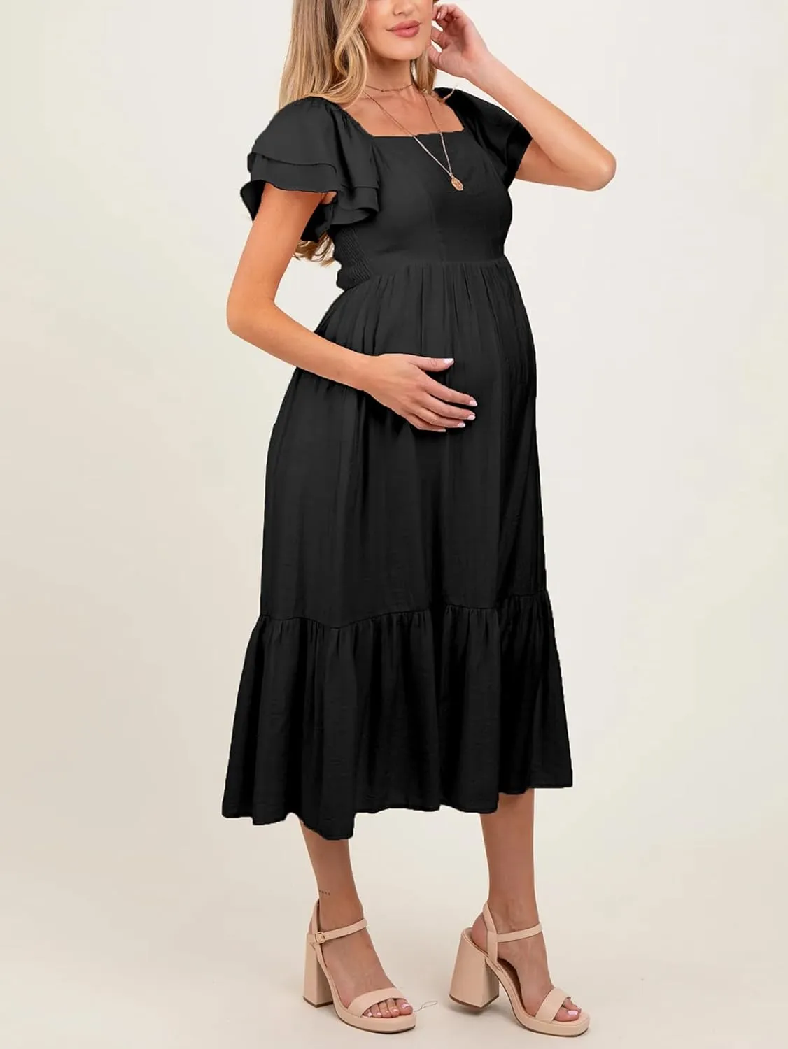 SCOMCHIC Women's Plus Size Maxi Dress Ruffle Sleeve Square Neck Smocked Flowy A-Line Wedding Guest Party Long Dresses