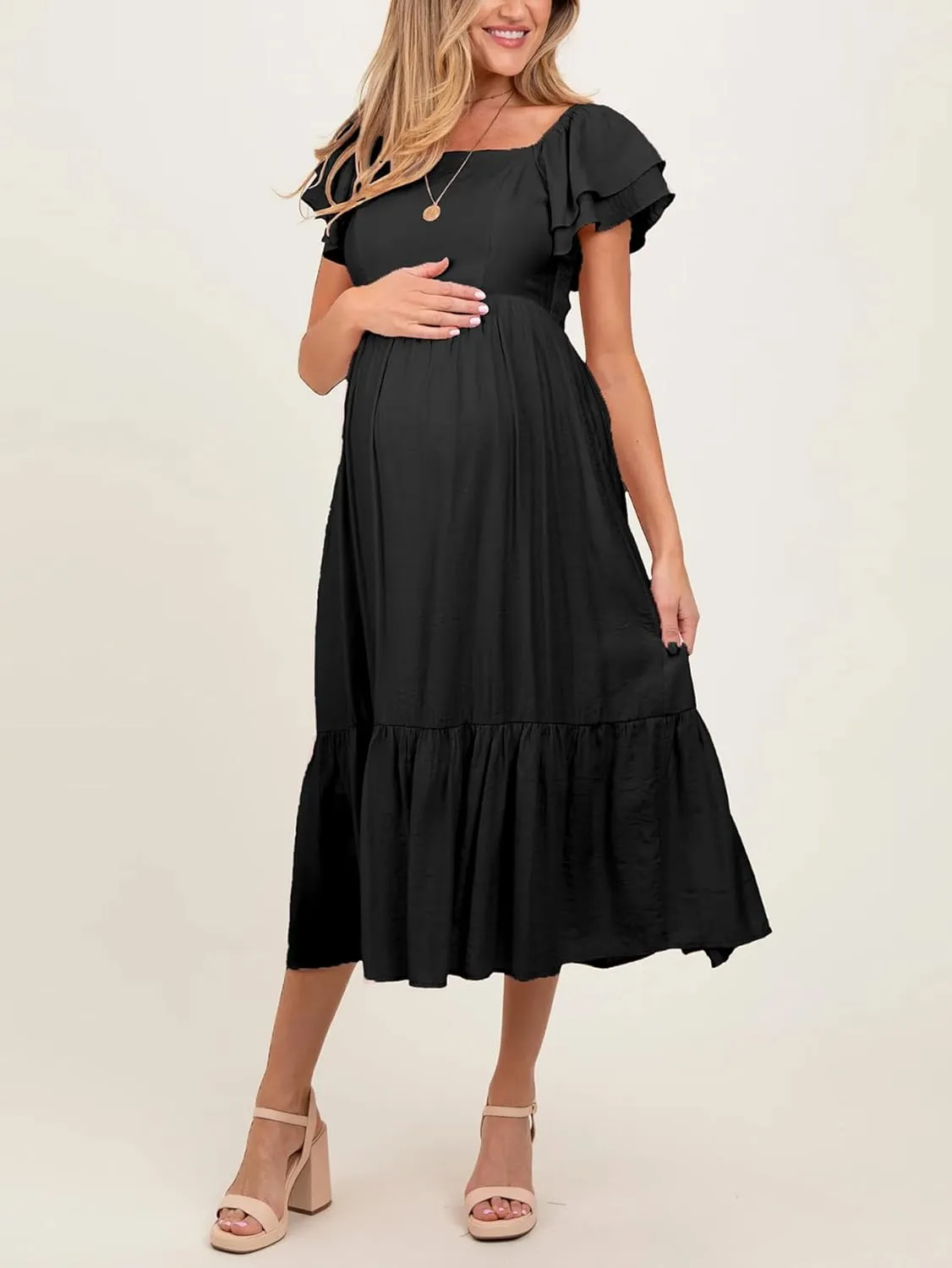 SCOMCHIC Women's Plus Size Maxi Dress Ruffle Sleeve Square Neck Smocked Flowy A-Line Wedding Guest Party Long Dresses
