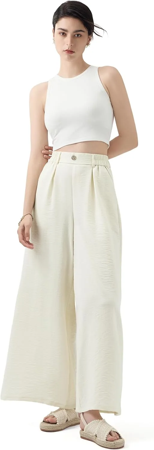 SEVEGO Linen Palazzo Pants Women 29''/31''/33'' Wide Leg High Waisted Flowy Lounge Casual Beach Pants
