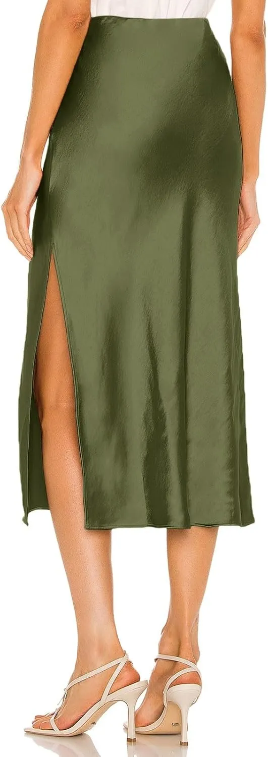Slit Skirt for Women Soild Silk Satin Midi Skirt High Waisted Elasticized Waistband A-Line Skirt Elegant Swing Cocktail Skirt