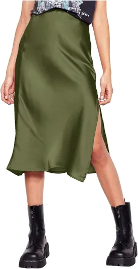 Slit Skirt for Women Soild Silk Satin Midi Skirt High Waisted Elasticized Waistband A-Line Skirt Elegant Swing Cocktail Skirt
