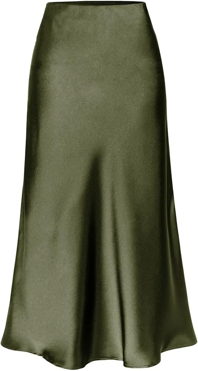 Slit Skirt for Women Soild Silk Satin Midi Skirt High Waisted Elasticized Waistband A-Line Skirt Elegant Swing Cocktail Skirt