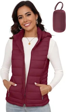 SLOW DOWN Womens Lightweight Puffer Vest, Womens Winter Packable Vest, Womens Puffy Vest with Removable Hood and Zip Pockets
