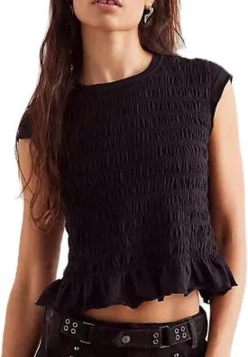 Smocked Tops for Women White Crewneck Cap Sleeve Top Tee Cotton Shirred Ruffle Crop Tank Tops Shirt