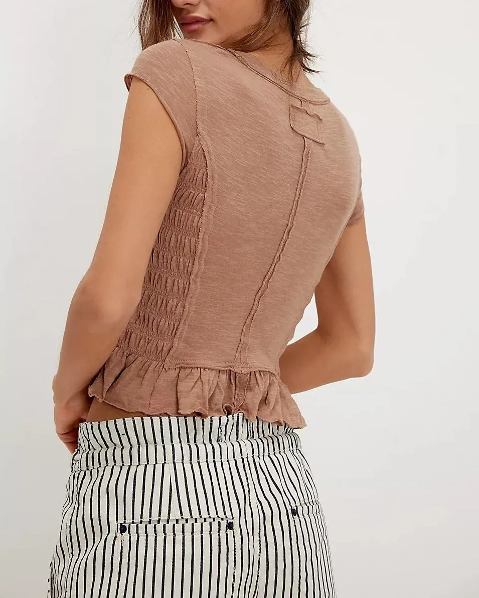 Smocked Tops for Women White Crewneck Cap Sleeve Top Tee Cotton Shirred Ruffle Crop Tank Tops Shirt