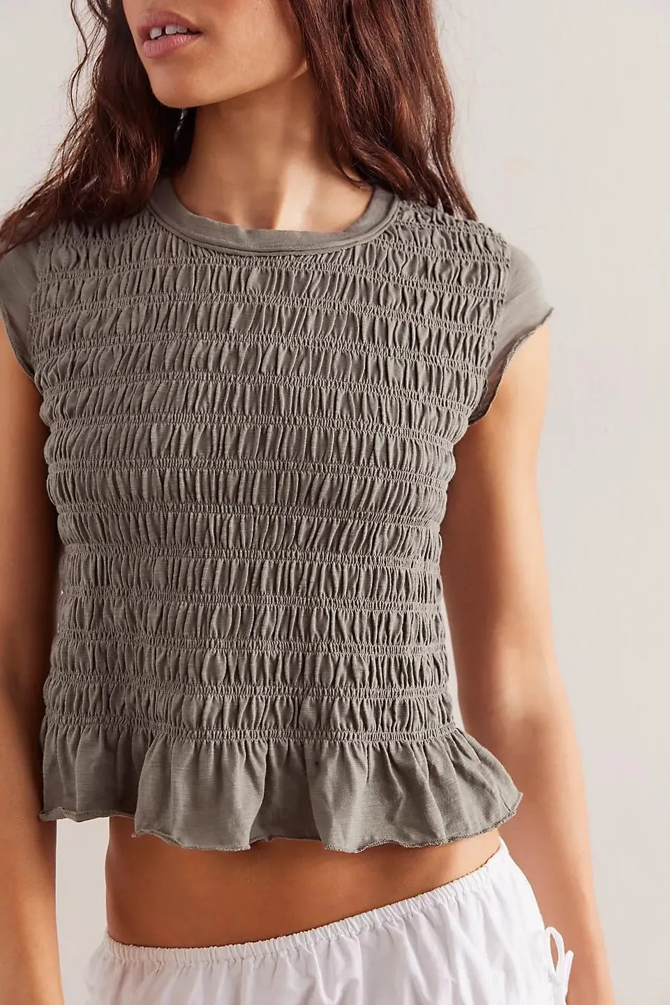 Smocked Tops for Women White Crewneck Cap Sleeve Top Tee Cotton Shirred Ruffle Crop Tank Tops Shirt