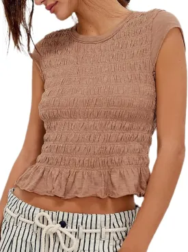 Smocked Tops for Women White Crewneck Cap Sleeve Top Tee Cotton Shirred Ruffle Crop Tank Tops Shirt