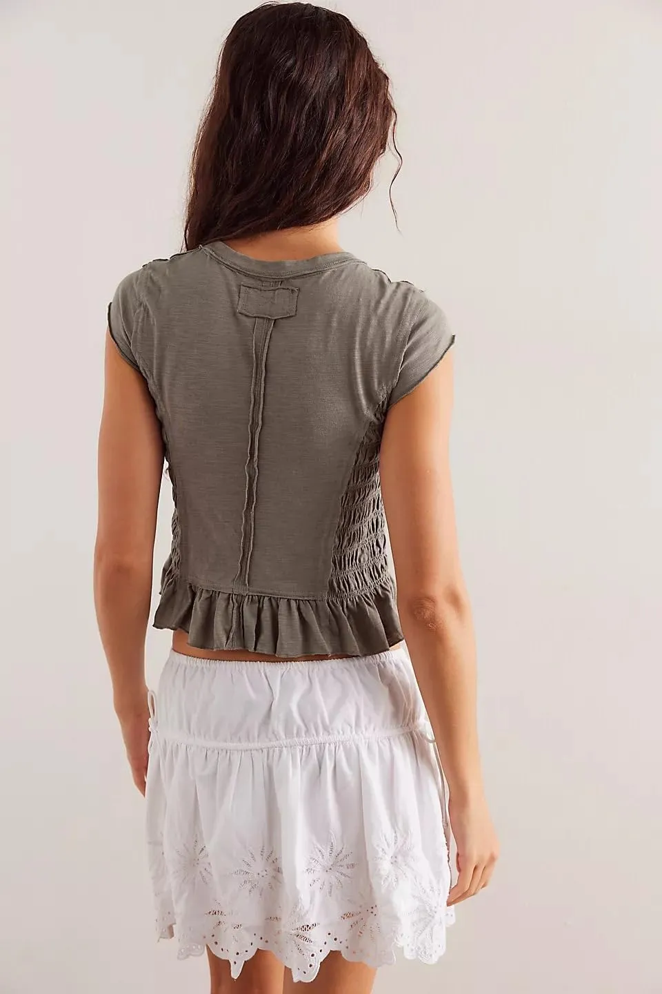 Smocked Tops for Women White Crewneck Cap Sleeve Top Tee Cotton Shirred Ruffle Crop Tank Tops Shirt