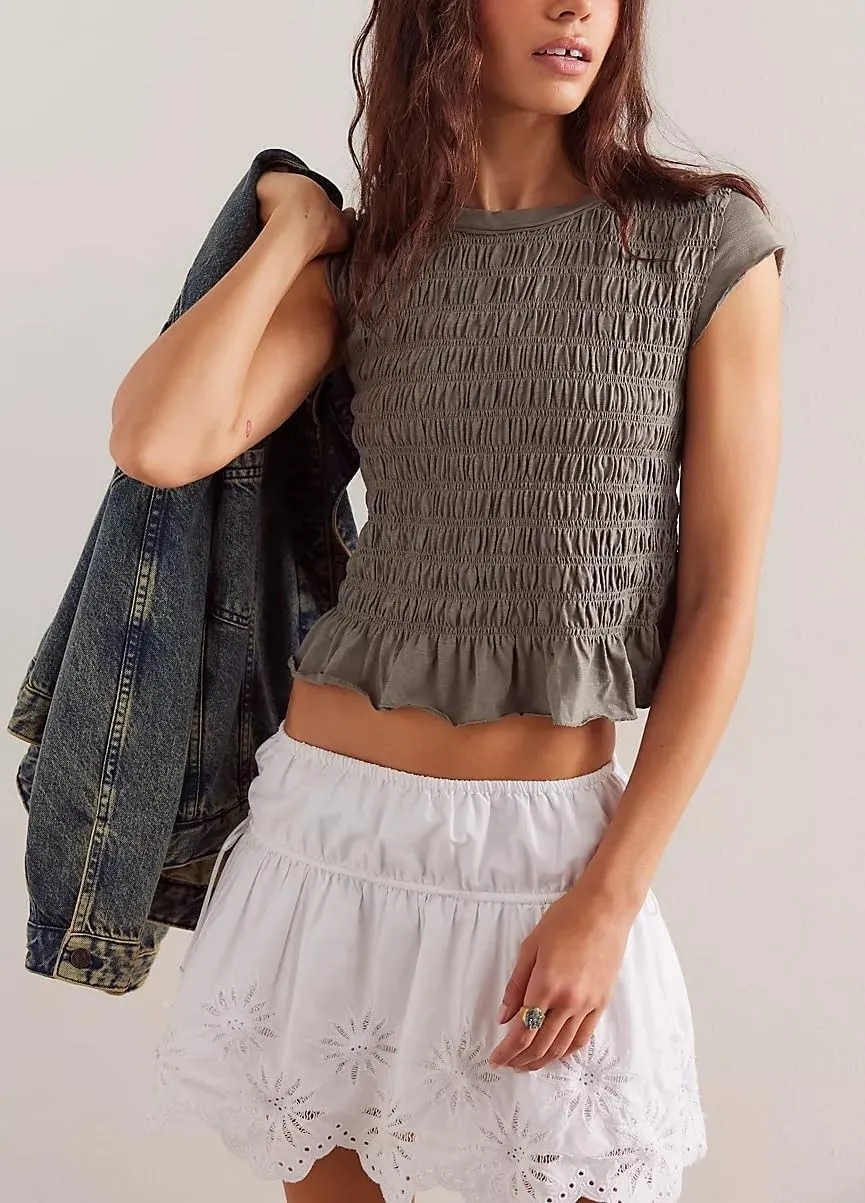 Smocked Tops for Women White Crewneck Cap Sleeve Top Tee Cotton Shirred Ruffle Crop Tank Tops Shirt