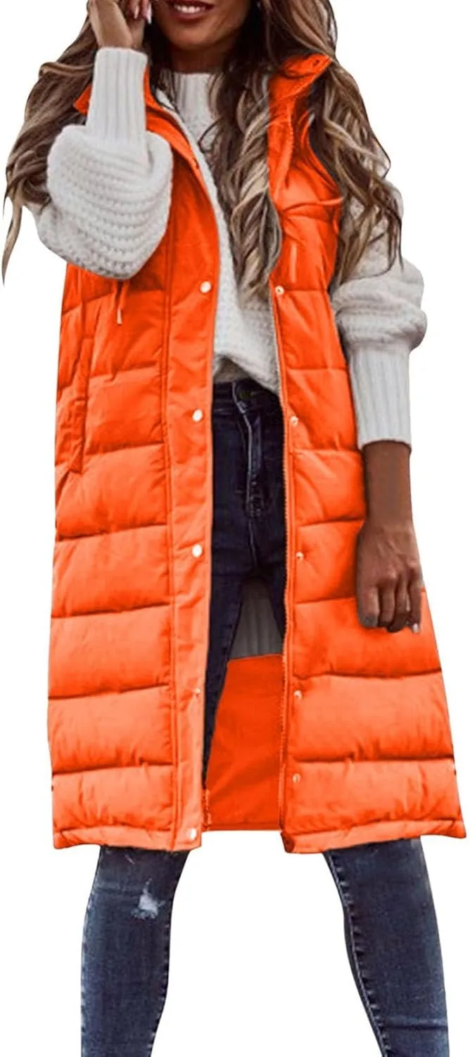 Smoneyful Women's Long Vest Sleeveless Lightweight Puffer Jacket Packable Hooded Down Coat Quilted Vest with Hood Winter
