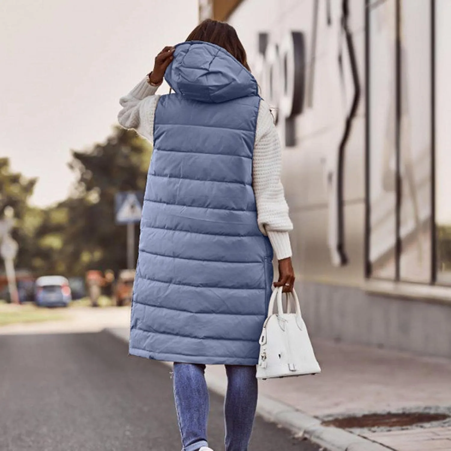 Smoneyful Women's Long Vest Sleeveless Lightweight Puffer Jacket Packable Hooded Down Coat Quilted Vest with Hood Winter