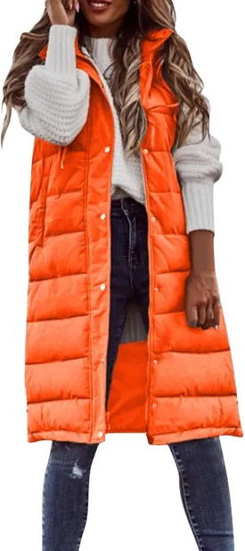 Smoneyful Women's Long Vest Sleeveless Lightweight Puffer Jacket Packable Hooded Down Coat Quilted Vest with Hood Winter