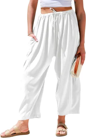 TARSE Womens Linen Wide Leg Pants Casual Loose Drawstring Summer Beach Travel Vacation Palazzo Harem Pants with Pockets